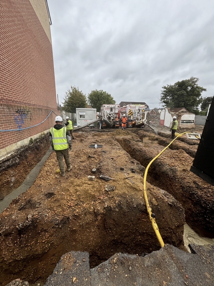 Strip footing concrete pour pump lorry on site